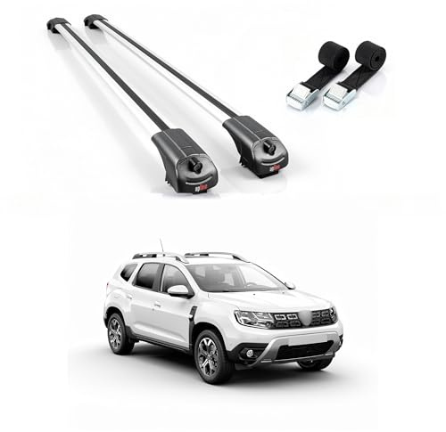 AUTOAXORY Roof Rack Cross Bars Compatible with Daci'a Duster 3 (P1310) 2024-2025, Grey Aluminium, Fit Raised Rail, 2 Bars with Two Tie Down Straps.