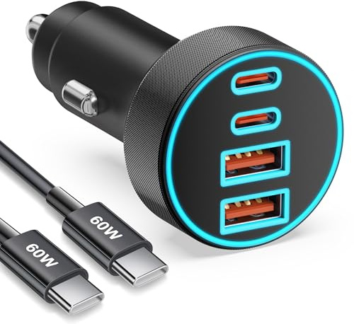 90W Caricatore Auto USB C, 4 Porte USB A & C Caricabatterie Accendisigari Carica Batteria Presa 12V PD/QC Adattatore + Cavo USB C per iPhone 17e/17/16/15 Pro Max, Samsung S26/S25/S24, Google 10/9/8
