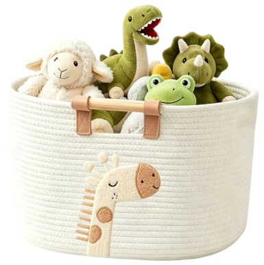 Aufbewahrungskorb Baumwollseil mit Holzgriffen Spielzeugkorb Kinderzimmer Organizer, Geflochtener Deko Korb für Decken Kleidung Babyzimmer Wohnzimmer Bad, Stoffkorb Regal Korb (Giraffe)