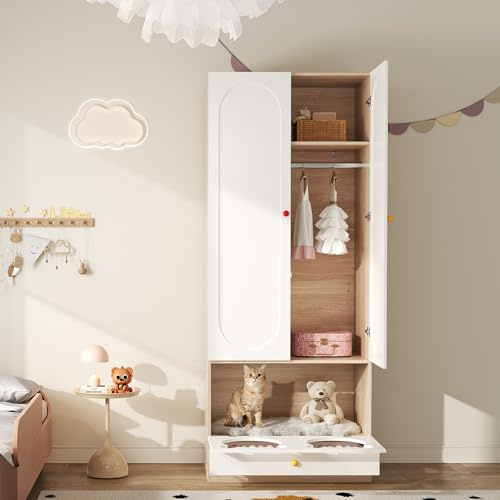 gonew21 Kleiner Kleiderschrank mit Katzenbett & Kleiderstange – Kindergarderobe mit bunten Keramikgriffen, 80x50x200 cm – perfekt für Schlafzimmer, kindersichere Griffe & stabile Konstruktion
