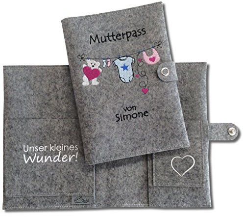 Goldi-Design Mutterpasshülle Mutterpass Schutzhülle Personalisiert - Wäscheleine - 2 Innenfächer - Druckknopfverschluss mit Logo - grau meliert