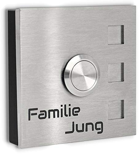 Jung-Edelstahl-Design Aufputz Türklingel Köln V2a Edelstahl Klingelschild 7x7 cm. Klingel kabelgebunden mit Gravur. Klingeltaster ohne LED. Klingelplatte personalisierbar.