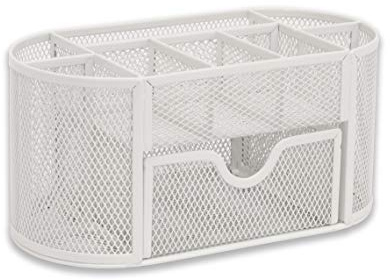 Osco Weißer Wiremesh Organizer mit Schublade | Schreibtisch-Organizer | Stifthalter | Büroaufbewahrung | Stifteaufbewahrung | 8 Fächer | Schreibwaren-Caddy | H10,5 x B22 x T11 cm |