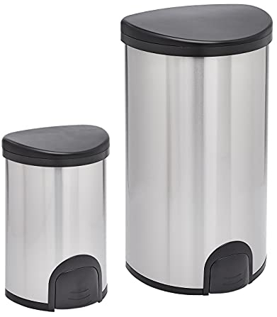 Amazon Basics Pattumiera automatica in inox, apertura con sensore tramite contatto del piede - Doppio scomparto da 50L/12L, 2 unità, A forma di D, Acciaio inossidabile