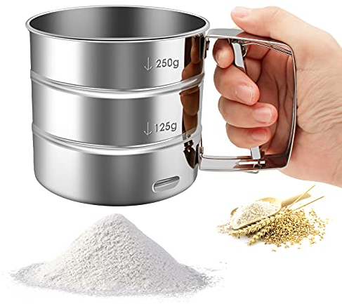 Flour Sifter-Stainless Steel Hand Held Flour Sifter,Flour Shaker Cup for Home Kitchen with Hand Press, Large Capacity Baking Sieve Cup for Icing Sugar Cake Flour (Silver)