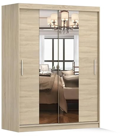 Fabryka Mebli Idźczak Kleiderschrank mit Spiegel, Schiebetüren - Schwebetürenschrank, Schlafzimmerschrank - ‎61 x 150 x 200 cm - Schrank für Schlafzimmer, Ankleidezimmer, Garderobe - Sonoma