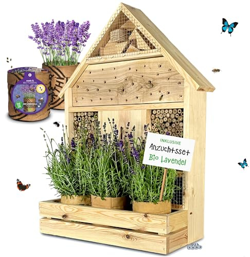 GARTENETAGE Insektenhotel zum Aufhängen mit Pflanzenbalkon Lavendel - inkl. Anzuchtset/Naturbelassenes, massives Insektenhaus & Bienenhotel/Insektenhotel groß, Marienkäferhaus