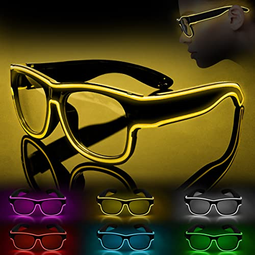 Ainiv Occhiali luminosi, Occhiali luminosi, Occhiali da festa Wireless El Wire Neon Rave Occhiali Costumi per feste, EDM, Natale(Giallo) (Cavo USB Incluso)