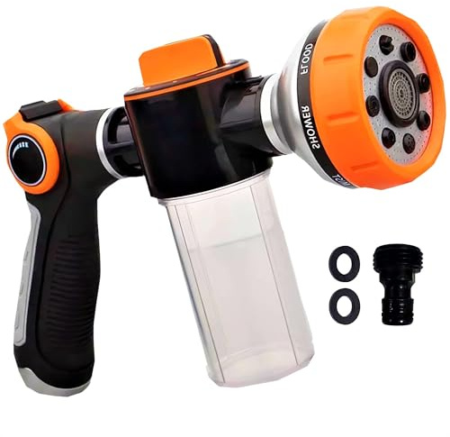 Car Wash High Pressure Garden Hose Nozzle with Soap Dispenser – Heavy Duty Soap Sprayer Hose Attachment for Pet Bathing & Lawn Watering, 8 Spray Patterns, 3.5 Oz Capacity, Ergonomic Grip