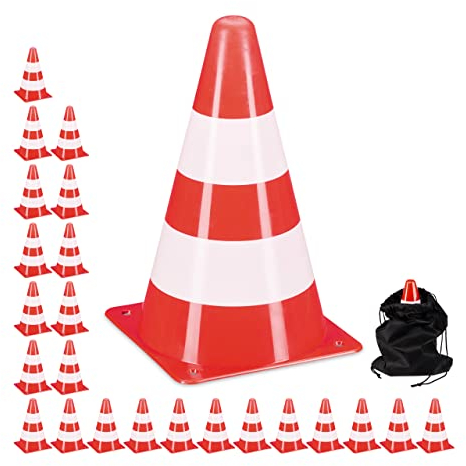 Relaxdays Pylonen 24er Set, Fußball, Hundetraining, Markierungskegel 23 cm hoch, Schnürbeutel, Verkehrshütchen, orange