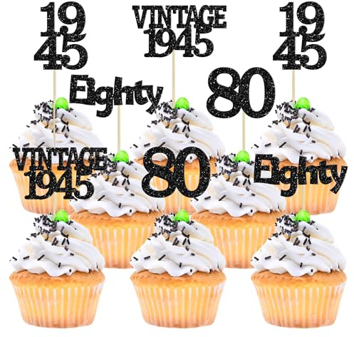 Gyufise 24Pcs Vintage 1945 Cupcake Toppers Glitter Cheers to 80 Fabulous Eighty Cupcake Picks 80th Birthday Wedding Anniversary Party Cake Decorations Supplies Black
