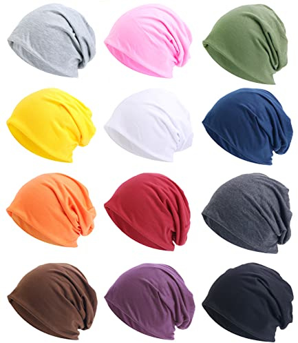 Tergy 12 Pieces Unisex Beanie Hats for Men Women Slouchy Beanie Hip-Hop Caps Lighweight Soft Skull Caps for Chemo Sleep (Polyester, Multicolor)