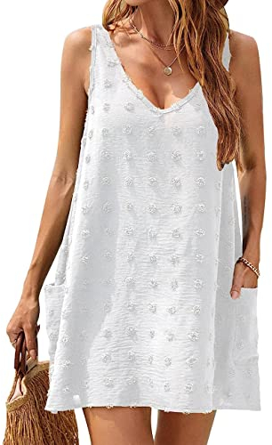 RPAEOY Damen Strandkleid mit Taschen V-Ausschnitt Sommerkleid Sommer Strandponcho Boho Strandtunika Bikini Cover-Ups Strandurlaub Badeanzug Beachwear Bademode Kurze Kleid (Weiß,M)