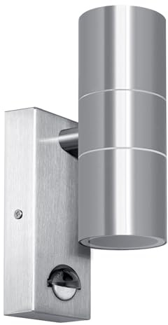 Kerry Outdoor Wall Light with Sensor, Mains Powered, Up Down, Sliver | Modern Stainless Steel Design, Adjustable PIR Motion Detection, IP44, GU10 Bulb, Not Included, for Front Doors