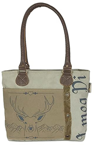 Domelo Damen Trachten Handtasche, Canvas/Leder Trachtentasche,Khaki/beige | Kleine Vintage Trachten Stil Schultertasche, Handgelenktasche mit Lederriemen & Hirsch Aufdruck, Oktoberfest/ Wiesen Tasche
