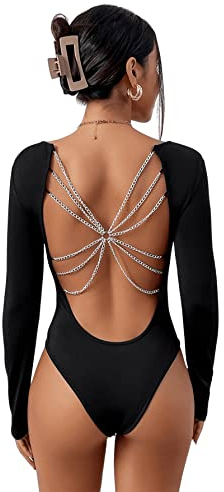 GORGLITTER Body Damen Elegant Bodysuit Rückenfrei Bodys Langarm Festival Bodysuits mit Kette Rave Outfit Oberteil Schwarz L