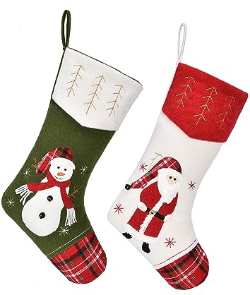 WORLDECO 2025 Personalized Christmas Stockings with Snowman Santa Pattern, Green Red Furry Plaid Xmas Decorations for Family Holiday, Kitchen, Home, Sock for Xmas Tree Hanging Decor, 2 Pack