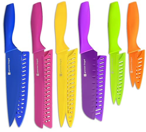 Gourmet Forged ColorSlice 12 Piece Color-Coded Kitchen Knife set 6 Non Stick Dishwasher Safe Knives w/Blade Guards/Sheaths Sharp Stainless Steel Anti Rust Coated Best Multicolor