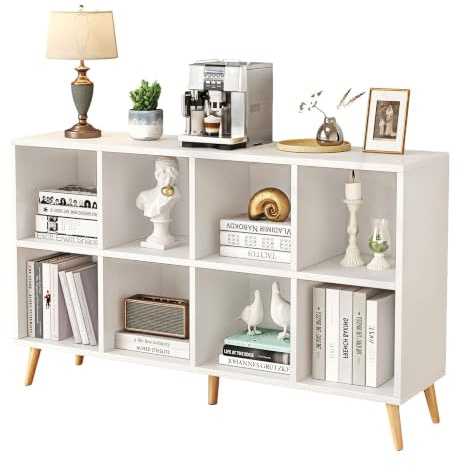 Flrrtenv 8-Cube Bookshelf 2 Tier Modern Bookcase with Legs, 120cm Wood Bookshelves Storage Organizer Shelf, Freestanding Open Book Shelves for Bedroom Living Room Office, Modern White