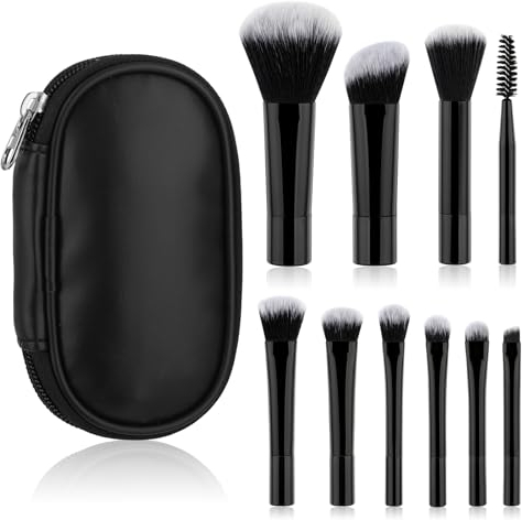 10 Piezas Brochas de Maquillaje Profesional de Viaje Mini Pinceles Maquillaje con Bolsa de Almacenamiento Sintética Portátil para Cepillar Pestañas Base Sombra de Ojos Contorno Rubor Corrector