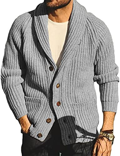 Runcati Mens Cardigan Knitted Chunky Jacket Shawl Collar Cable Knit Loose V Neck Knitwear Outerwear, Grey, M