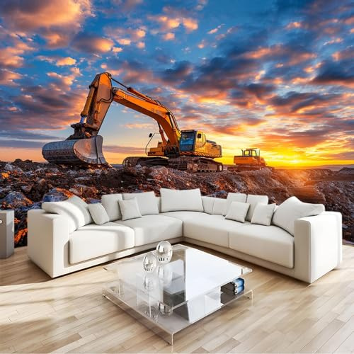 Tapete 3D Effekt Bagger-Sonnenuntergangslandschaft Fototapete Wohnzimmer B200 x H140 cm Vlies Tapeten Wandtapete Moderne Wanddeko Wand Dekoration Wohnzimmer Schlafzimmer Büro Flur