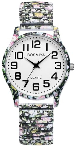 OIDEA Women's Stretch Band Quartz Watch Easy Reader, Colorful Flowers Strap