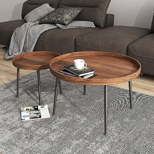 Runder Couchtisch aus Holz, 2er-Set, moderner Beistelltisch mit Metallbeinen, Mid-Century-Holzakzent-Beistelltisch für Wohnzimmer
