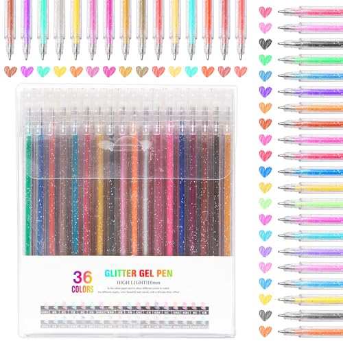 Pilikoll 36 glittriga gelpennor 1,0 mm, glitterfärger, metallic gel, skrivning, färg, manga, rita