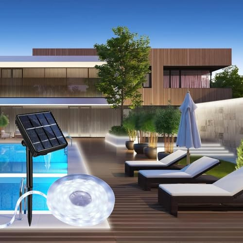 Aitesuo 5m/16.4ft Solar LED Strip Lights Outdoor, Cool White 6000K Solar Powered Flexible Tape Lights, 8 Lighting Modes, 180 LED, Cuttable, IP65 Waterproof for Terrace Balcony Porch Pool Pergola Decor