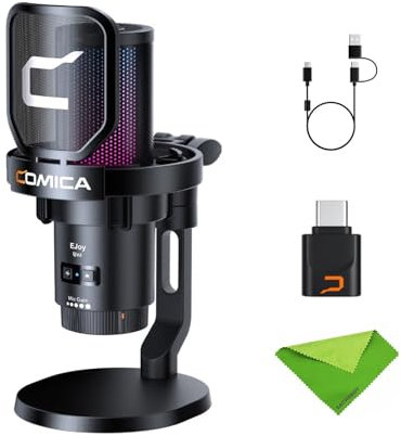COMICA EJoy Uni Pro (D)-Noir Microphone pour Ordinateur et Smartphone, Micro à condensateur cardioïde RGB pour podcasting, Streaming, Enregistrement, avec Support de Bureau