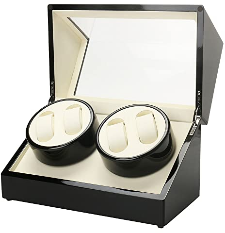 HauTour Automatische Uhrenbeweger Box, Luxuriöser Uhrenbeweger Uhrengehäuse 4 Uhrenbewe Holz Uhrendreher Uhrenbox mit Leisem Drehendes für Uhrengeschäft und Zuhause 34 * 20 * 18cm Schwarz