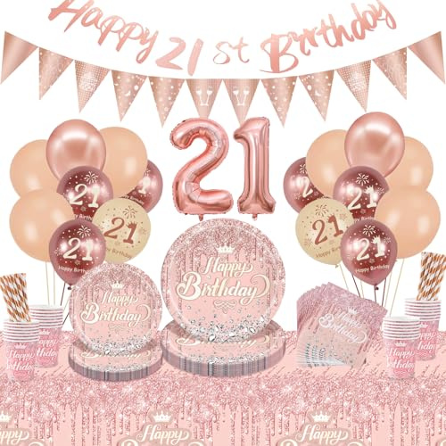 INSANYJ 21st Birthday Decorations for Her - Rose Gold Party Decorations Set - Includes Plates, Cups, Napkins, Straws, Tablecloth, Balloons and Banners