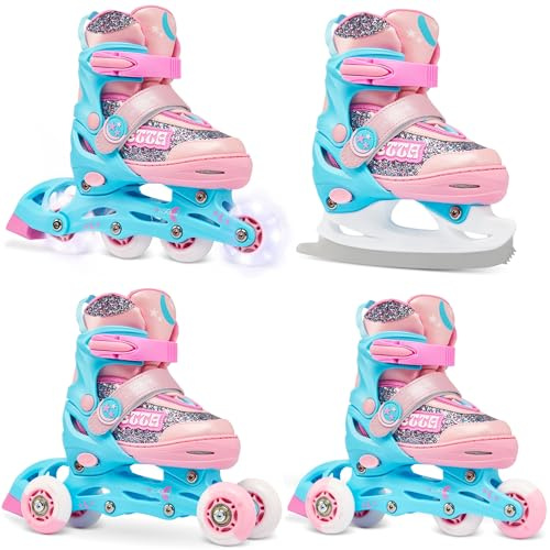 RAVEN - Inline-skridskor för barn och vuxna - Triskates, rullskridskor 4-i-1 med skridskor - Justerbara skridskor för barn och vuxna - Etta Blue/Pink, 30-33 (18,5-20,5 cm)