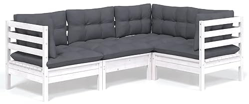 WEMYUFURN 4-TLG. Garten-Lounge-Set mit Kissen Weiß Kiefernholz, Outdoor-Sitzgruppe, Terrassen-Lounge-Set, Garten-Couchgarnitur - Wetterbeständig, Komfortabel - für Terrasse, Garten und Balkon