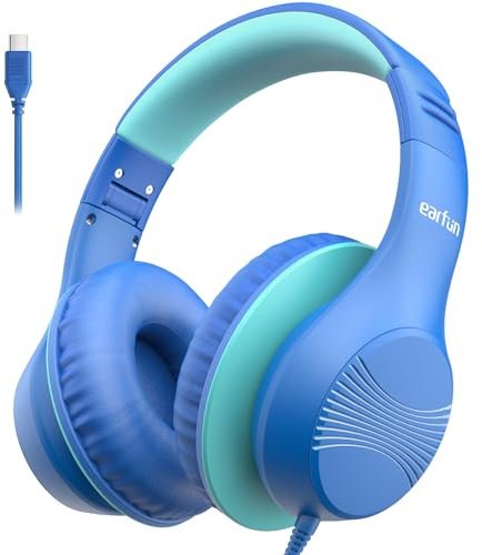 EarFun K3 - Cuffie sovrauricolari per bambini, USB tipo C, limite di volume, suono stereo HD, vestibilità comoda, pieghevoli, per scuola/viaggio/ragazzi/ragazze/tablet/iPad, blu