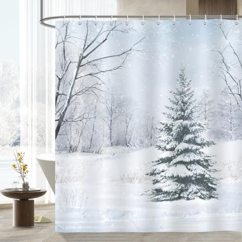 Bonhause Duschvorhang Winter Wald Kiefern Baum Schneelandschaft Weihnachten Duschvorhänge 180 x 180 cm Anti-Schimmel Wasserdicht Polyester Stoff Waschbar Bad Vorhäng für Badzimmer mit 12 Haken