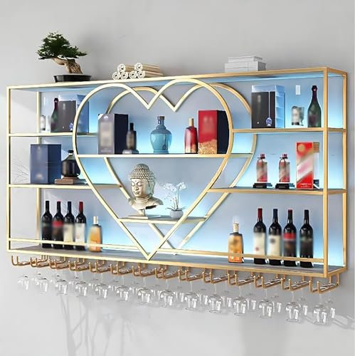 ICEMOB Botellero Pared,Garrafeira De Vino con Luz LED,Industrial Botellero Vino,Mueble Botellero para Cocina, Comedor,Hogar,Bar,Metal Vinotecas,Fácil De Instalar,Gold a,160CM