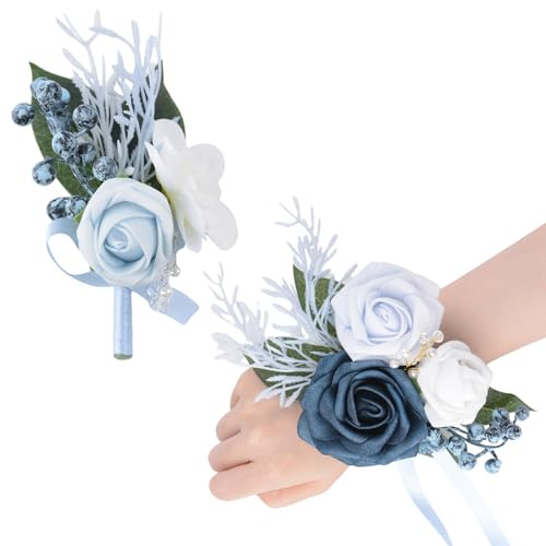URROMA Ansteckblume mit blauen Rosen, für Handgelenk, Blume, künstliche Handgelenk-Ansteckblume für Braut, Hochzeit, Party oder Abschlussbälle, 2 Stück