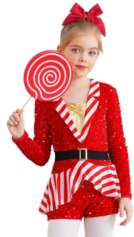 YOOJIA Mädchen Weihnachten Outfit Gymnastik Tanztrikot Streifen Langarm Bodysuit Tanz Overall Leotard Ganzkörperanzug Zuckerstangen Kostüm Rot 122-128
