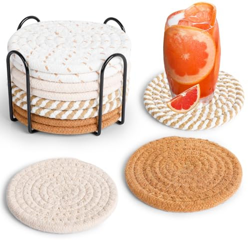Romon Ensemble De 8 Dessous De Verre Ronds en Coton avec Support en Fer – sous-Verres Et Dessous De Tasse Au Style Scandinave, 11x11 Cm, Idéal pour Protéger Vos Tables