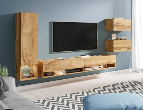 MINIO go for it - Hängend Wohnwand 4-Teilig Set Amy, mit LED Beleuchtung | Wandschrank, Laminierte Spannplatte, Farbe: Wotan Eiche