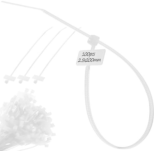 Fascette fermacavi per marcatura ed etichettatura, colore bianco e nero, resistenti fascette disponibili da 2,5 mm x 100 mm e 2,5 mm x 200 mm, confezione da 100 (bianco, 2,5 mm x 200 mm)