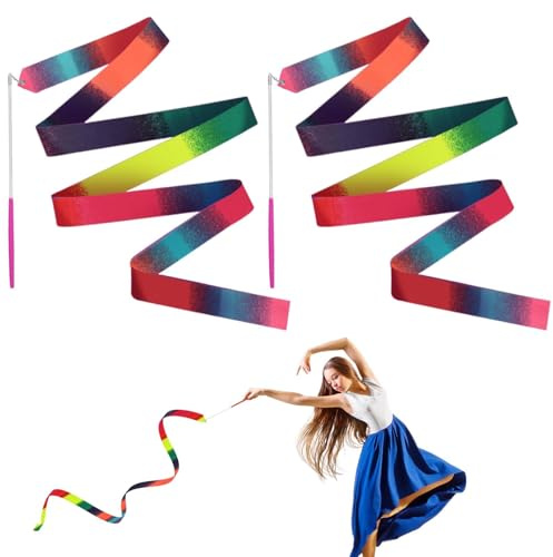 JINSIHU 2 Pezzi Nastri da Ballo, 4 m Nastro da Ginnastica Ritmica Nastri da Danza Dance Ribbons Ginnastica Ritmica Bacchetta Ginnastica Ritmica Bacchetta per Talentshow Allenamento Artistico di Danza