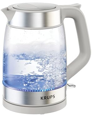 KRUPS Electric Kettle, 1.8-Qt (1.7L) Tea Kettle, 1500W with LED indicator, Hot Water Boiler, Auto Shut-off, Rapid 80-Second Cup Boiling, Safe Boil-dry Protection, Water Heater, Glass Carafe, Grey