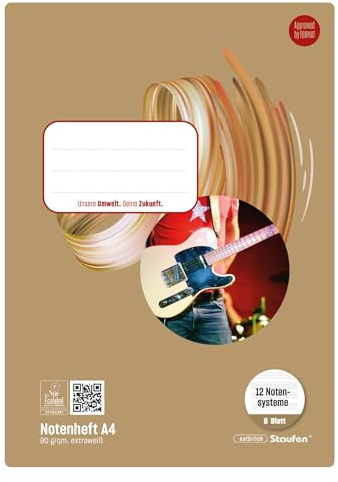 Staufen Style Musikheft - 5 Hefte je 8 Blatt, 12 Notensysteme, DIN A4, 80 g/m² Papier