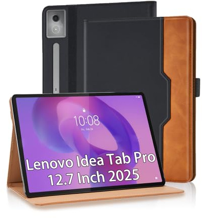 Vkooer Hülle für Lenovo Idea Tab Pro 12.7 Zoll 2025 mit Stifthalter TB-373FU TB-375FC mit S Pen Halter und Dokumentschlitze Premium PU Leder Folio Stand Schutzhülle Tasche Cover Case, Schwarz