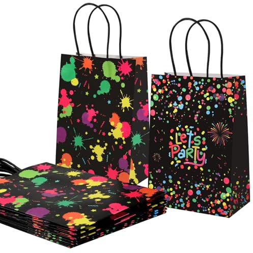 10 Stück Neon Party Geschenktüten Kindergeburtstag, Glow Kleine Papiertüten mit Henkel, Leuchtet im Dunkeln Mitgebsel Tüten, Partytüten für Kindergeburtstag Neon Fasching, 21x15x8 cm