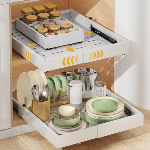 Housolution 2 Pezzo Cassetto Estraibile Cucina, Cassetto Telescopico Espandibile, Larghezza Regolabile da 30 cm a 50 cm, Profondità da 40 cm a 55 cm, Cassetti Estraibili per Armadio
