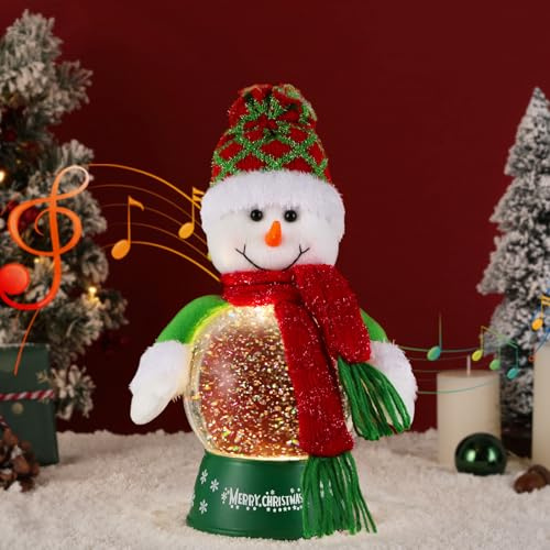 Lewondr Musical Christmas Snow Globe, Lighted Snowman Christmas Decorations with Red Scarf, Swirling Glitters&8 Songs&Timer, Battery Operated Singing Snow Lantern for Home Decor Xmas Gift